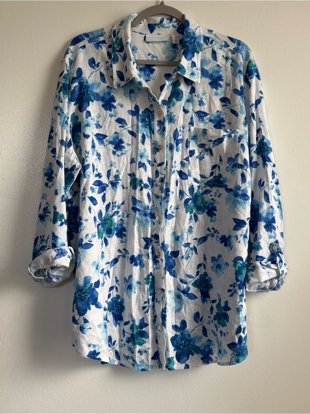 Susan Graver Blue White Floral Woven Button-Down Long Sleeve Collared PXL